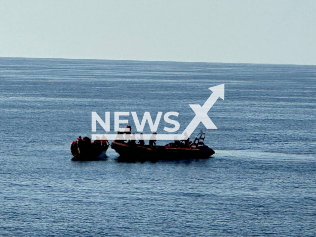 Picture shows boats with some of the migrants recued onboard  by the  NGO Open Arms in the Mediterranean, on Thursday, Aug. 3, 2023.  A total of 46 people, including a woman  in labor, were rescued. Note: Licensed photo. (Open Arms/Newsflash)