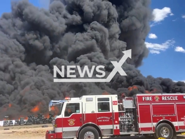 Albuquerque and Bernalillo County Fire Rescue crews are responding to a large fire at a plastic storage facility in Mesa Del Sol in Albuquerque, New Mexico on the 6th of August 2023. Note: This picture is a screenshot from the video. (Albuquerque Fire/Clipzilla)