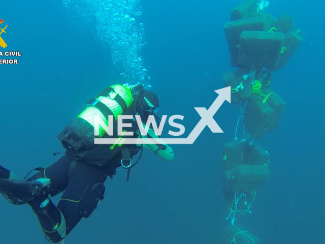 Photo shows the divers finding the hashish cargo in the deep sea. It was found in the coast of Almeria, southeastern Spain, in Andalusia region.
Notes: licenced picture (Newsflash)