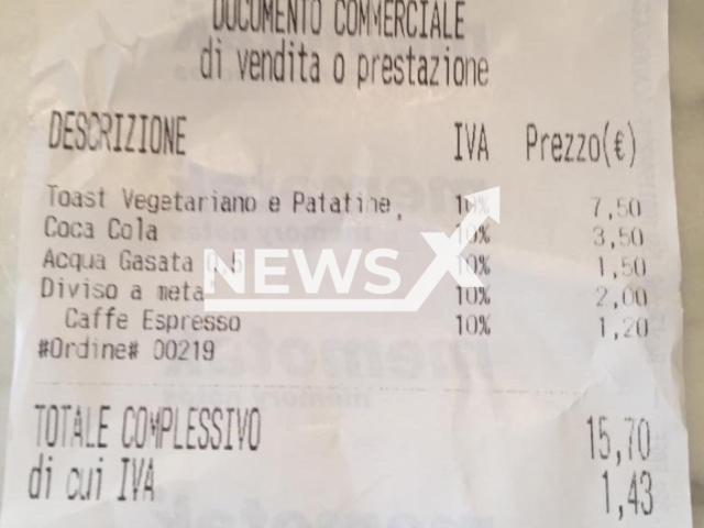 Picture shows the bill in which 2EUR were charged for cutting sandwich in half in Gera Lario in Como, Italy, undated. According to the bar owners this was an extra service. Note: Private photo. (Newsflash)