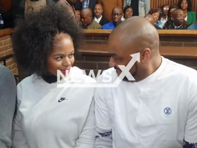 Photo shows Thabo Bester (right) and Nandipha Magudumana (left), in Bloemfontein Magistrates Court on Tuesday, August 08, 2023. They were smiling at each other. Note: Photo is a screenshot from a video(Newsflash).