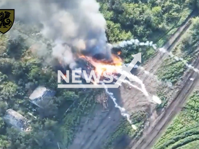 Ukrainian fighters destroy Russian ammunition warehouse in Ukraine in undated footage. The footage was released by the 40th Separate Artillery Brigade on Tuesday, Aug. 8, 2023.
Notes: Photo is screen from a video. (@40OAbrigade/Newsflash)