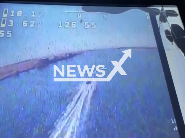 Ukrainian kamikaze drone targets a moving water target in Ukraine in undated footage. The footage was released by the 126th of the separate territorial defense brigade of Odessa on Thursday, Aug. 10, 2023.
Notes: Photo is screen from a video. (@126brigadatro/Newsflash)