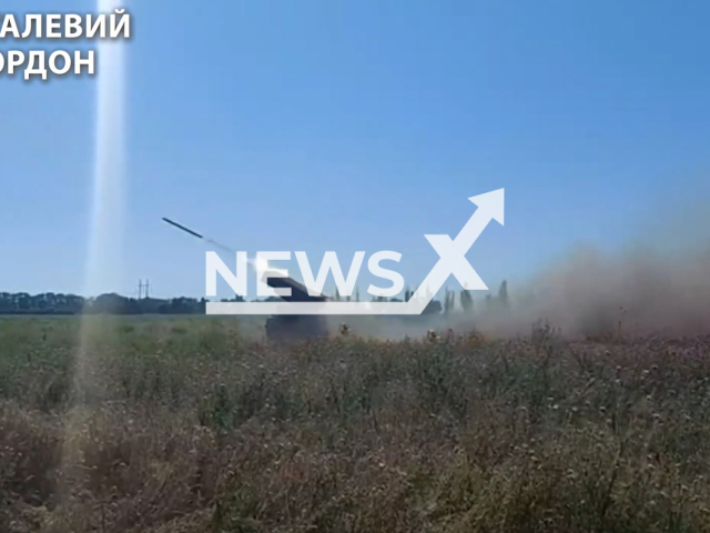 Ukrainian Vampire multiple rocket launcher fire at Russian military positions on the frontline in Ukraine in undated footage. The footage was released by State Border Guard Service of Ukraine on Thursday, Aug. 10, 2023. Notes: Photo is screen from a video. (@DPSU-communication/Newsflash)