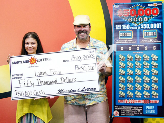 Aberdeen’s Liam Ferns, pictured with his girlfriend Danielle, plans to add his $50,000 scratch-off prize to his retirement fund, undated. He closed his eyes and randomly picked a ticket. Note: Lottery photo. (Maryland Lottery/Newsflash)