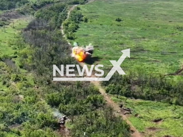 Russian Infantry Fighting Vehicle is blown up by a Ukrainian hidden mine in Ukraine in undated footage. The footage was released by the Office of Strategic Communications on Monday, Aug. 14, 2023.
Notes: Photo is screen from a video. (@AFUStratCom/Newsflash)