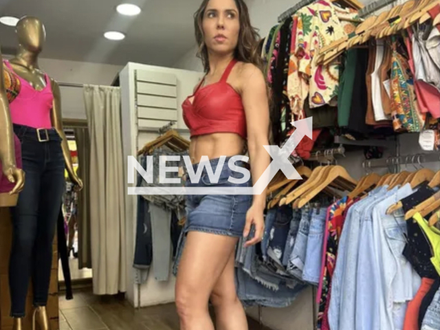 Photo shows Renata Frisson, better known as Mulher Melon, with a red top and a miniskirt, in Rio, Brazil, Thursday, Aug. 10, 2023. She was prevented from giving testimony to the police due to her clothes. Note: Picture is a screenshot from a video (@mulhermelao/Newsflash)