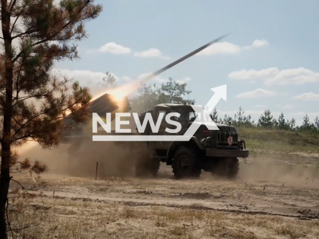 Russian MLRS BM-21 "Grad" hit Ukrainian military positions on the frontlines in Lyman's direction in Ukraine in undated footage. The footage was released by the Russian Ministry of Defence on Tuesday, Aug. 15, 2023. Notes: Photo is screen from a video. (Ministry of Defense of Russia/Newsflash)