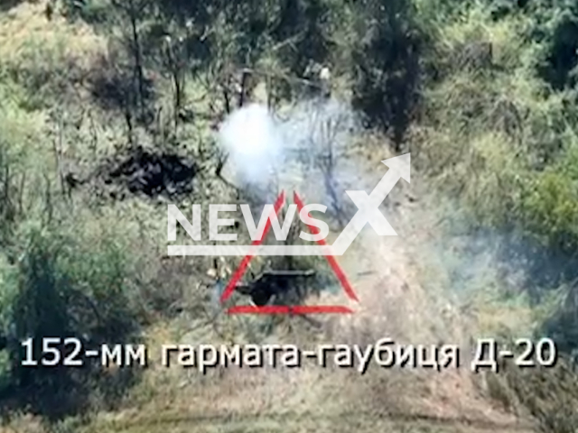 Ukrainian forces destroy a Russian D-20 howitzer on the frontline in Ukraine in undated footage. The footage was released by the 406th separate artillery brigade on Tuesday, Aug. 15, 2023.
Notes: Photo is screen from a video. (@406oabr/Newsflash)