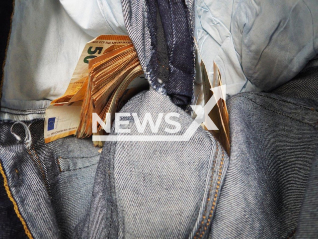 Image shows the money that were hidden in a woman's jeans, undated photo. Authorities from the city of Frankfurt am Main, Germany, seized a total of EUR 140,000 (GBP 120,000). Note: Licensed content. (Frankfurt am Main Customs Investigation Office/Newsflash)