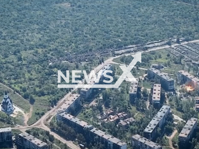 Ukrainian forces hit the Russian command post with a guided aerial bomb equipped with a JDAM kit triggering a massive explosion in Soledar in the Donetsk region in Ukraine in undated footage. The footage was released by the 30th separate mechanized brigade on Thursday, Aug. 17, 2023.
Notes: Photo is screen from a video. (@30brigade/Newsflash)