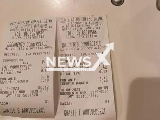 Photo shows receipts from a cafe in Ostia, Italy, undated. A customer had ordered a less foamy cappuccino in a well-known cafe in the seaside city of Ostia, where she was charged 10 cents more for it. Note: Picture is private (Newsflash)