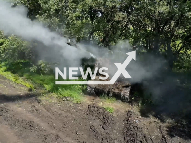 Russian self-propelled howitzers "Msta-S" fire at the Ukrainian military position in the Kupyansk direction in Ukraine in undated footage. The footage was released by the Russian MoD on Monday, Aug. 21, 2023.
Notes: Photo is screen from a video. (Ministry of Defense of Russia/Newsflash)