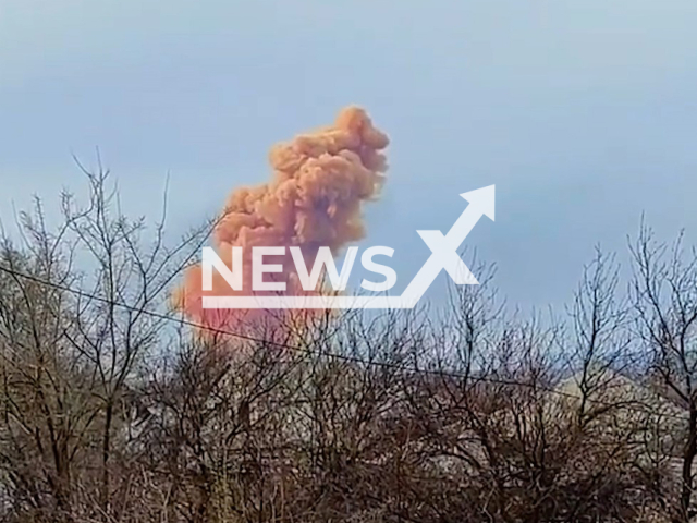 Russian army hit a tank with nitric acid again, causing an ammonia cloud, in the Luhansk region, Ukraine, in April, 2022. Note: This picture is a screenshot from the video
(@sergey.gaidai.loga/Newsflash).