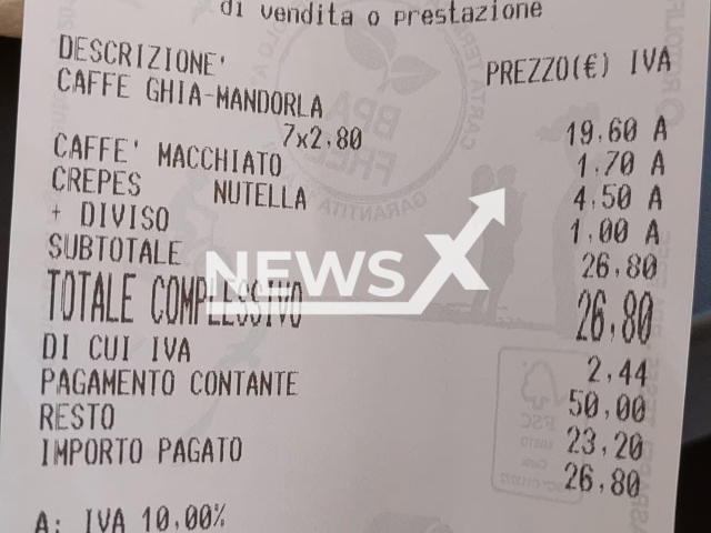 Photo shows a receipt from a cafe in Lecce, Italy, undated. A customer was charged EUR 1 more for asking her crepe to be cut in half. Note: Picture is private (Newsflash)