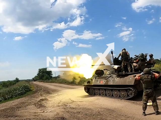 Russian soldiers hit Ukrainian military positions with S-60 anti-aircraft guns in Ukraine in undated footage. The footage was released by the Russian MoD on Tuesday, Aug. 22, 2023.
Notes: Photo is screen from a video. (Ministry of Defense of Russia/Newsflash)