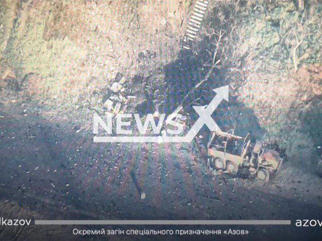 Destruction of a Russian military vehicle in April 2022.
Note: Photo shared by Azov Battalion (@polkazov/Newsflash