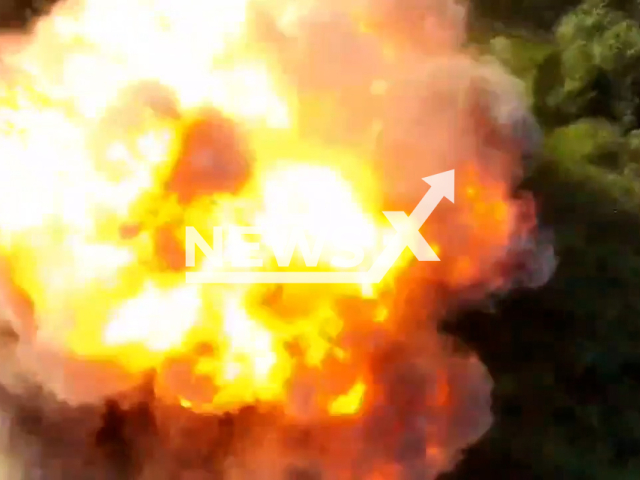 Ukrainian drone drops a bomb on the Russian warehouse of antitank mines triggering a massive blast in Ukraine in undated footage. The footage was released by the 68th separate hunting brigade on Monday, Aug. 21, 2023.
Notes: Photo is screen from a video. (@68brigade/Newsflash)