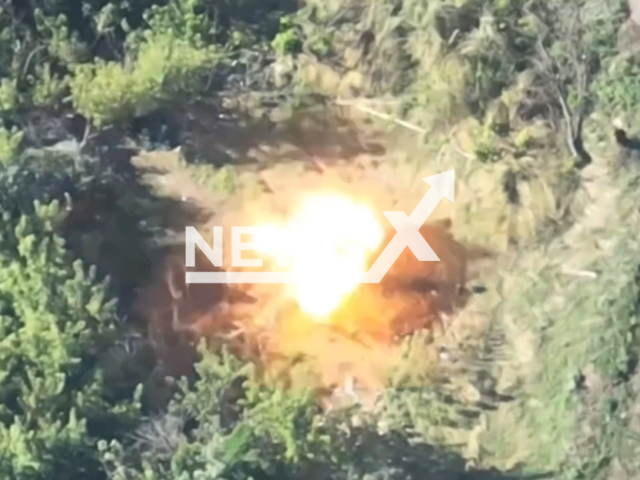 Russian enemy equipment explodes being hit by Ukrainian FPV drones in Bakhmut Raion, Donetsk region in Ukraine in undated footage. The footage was released by the 30th separate mechanized brigade on Tuesday, Aug. 22, 2023. Note: This picture is a screenshot from the video. (@30brigade/Newsflash)