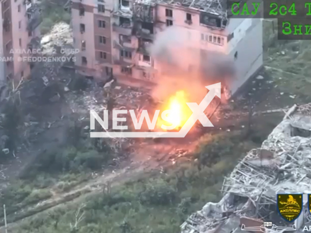 Ukrainian FPV drone hits Russian 2S4 Tyulpan mortar in Bakhmut, Donetsk region in Ukraine in undated footage. The footage was released by Yuriy Fedorenko, commander of the ACHILLES drone company of 92nd brigade on Wednesday, Aug. 23, 2023. Note: This picture is a screenshot from the video. (@fedorenkoys/Newsflash)