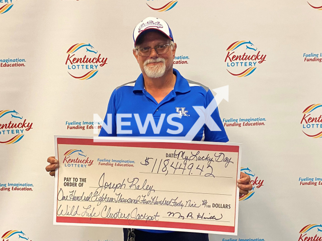 Joseph Raley from the city of London, Laurel County, Kentucky State, USA, poses in undated photo. He won 118,449 (GBP 93,245) on the lottery in August 2023. Note: Licensed content. (Kentucky Lottery/Newsflash)