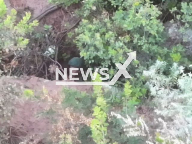 Ukrainian border guards drop bombs on the Russian soldiers in the trenches on the Bakhmut flanks in Ukraine in undated footage. The footage was released by the State Border Guard Service of Ukraine on Wednesday, Aug. 23, 2023.
 Notes: Photo is screen from a video. (@DPSU-communication/Newsflash)