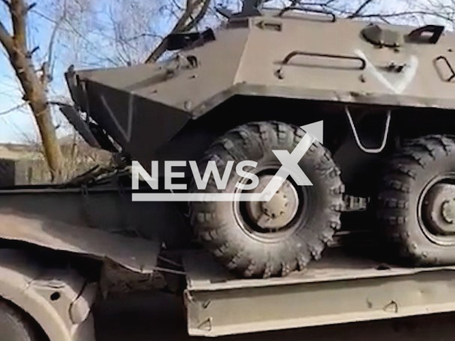 Ukrainian border guards found an armored vehicle of racists in the Kyiv region in April 2022. Note: This picture is a screenshot from the video (State Border Guard Service of Ukraine/Newsflash).