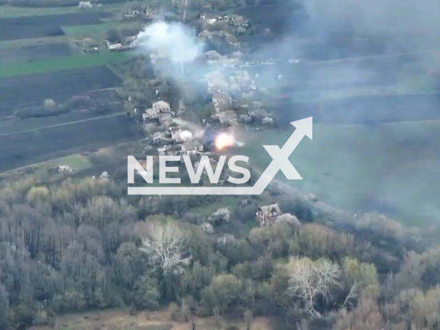 Explosion of the Russian Tank after being attacked by the Ukraine armored personnel carrier in April 2022. Note: This picture is a screenshot from the video (General Staff of the Armed Forces of Ukraine/Newsflash).