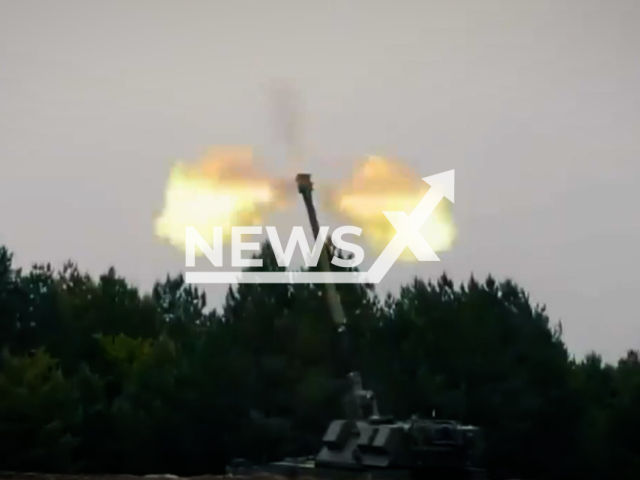 Ukrainian artillery fire at a Russian military position on the frontlines in Ukraine in undated footage. The footage was released by the 40th Separate Artillery Brigade on Wednesday, Aug. 30, 2023.
Note: Photo is screen from a video. (@40OAbrigade/Newsflash)