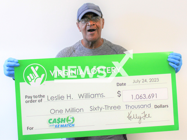 Leslie Williams poses in undated photo. The Alexandria man had just discovered he’d matched all five winning numbers in the June 18 drawing to win the $1,063,690 jackpot.
Note: Lottery photo. (Virginia Lottery/Newsflash)