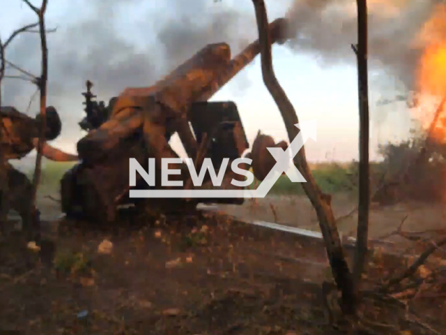 Russian artillery fire at Ukrainian military positions in Bakhmut in Ukraine in undated footage. The footage was released by the Russian MoD on Thursday, Aug. 31, 2023.
Note: Photo is screen from a video. (Ministry of Defense of Russia/Newsflash)