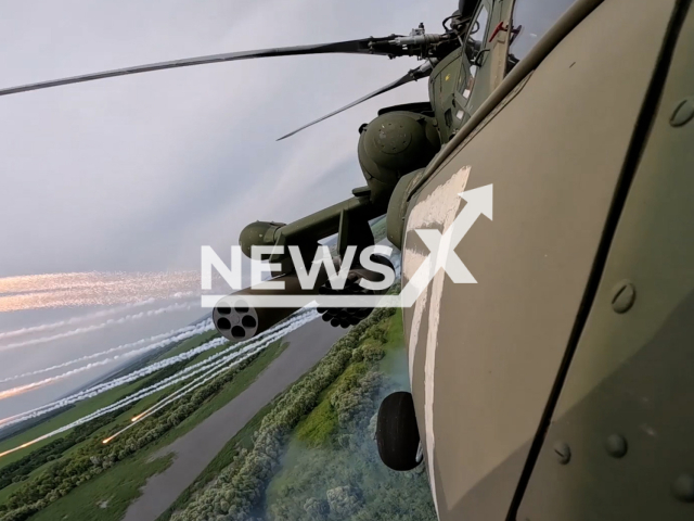 Russian multi-purpose attack helicopters fire missiles at Ukrainian military positions in Ukraine in undated footage. The footage was released by the Russian MoD on Friday, Sep. 01, 2023. Note: Photo is screen from a video. (Ministry of Defense of Russia/Newsflash)