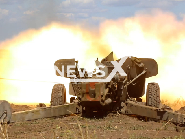 Russian MT-12 "Rapier" fire at Ukrainian military positions in the Vuhledar region in Ukraine in undated footage. The footage was released by the Russian MoD on Friday, Sep. 01, 2023.
Note: Photo is screen from a video. (Ministry of Defense of Russia/Newsflash)