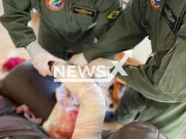 Rescue team assists man injured by a jaguar in Paiaguás region, in the Pantanal of Mato Grosso do Sul, Brazil, Tuesday, Aug. 29, 2023. The man fought with the animal. Note: Fire dept. photo. (CBBMS/Newsflash)