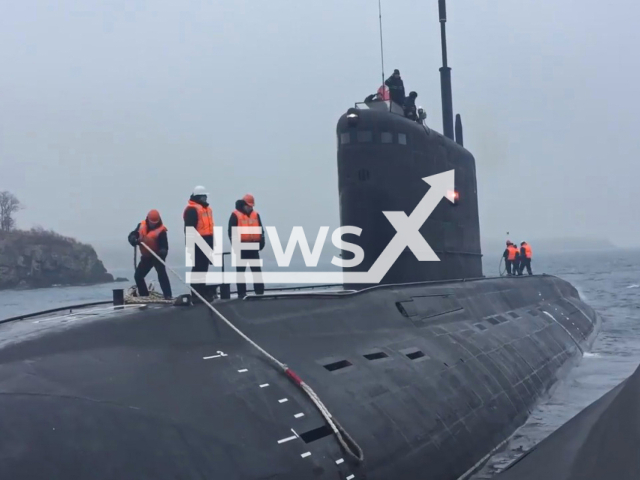 Submarines of the Pacific Fleet conducted launches of cruise missiles 'Caliber' on the ships of a mock enemy in April 2022. Note: Picture is a screenshot from a video (Ministry of Defense of Russia/Newsflash)