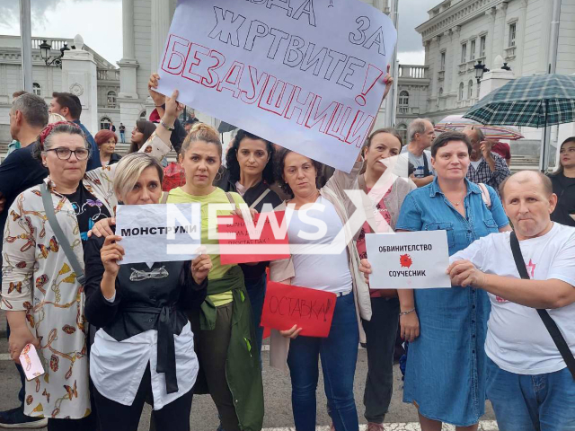 Photo shows group of oncology patients "Butterflies" revolted by the recent events in Skopje, North Macedonia on Monday, September 04, 2023, holding a sign 'Justice for the victims! Soulless'. Protests over the claims cancer hospital staff stole drugs meant for patients.
Note: Licensed photo(Newsflash).