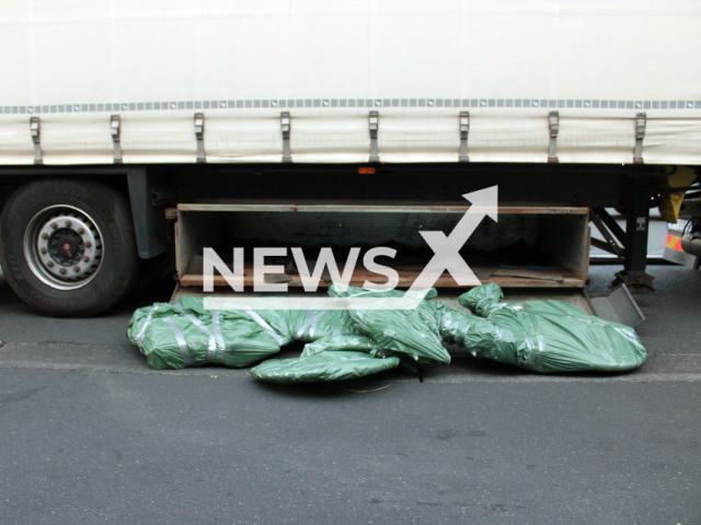 Image shows the stolen bike in front of the truck's storage compartment, undated photo. The bike was found by cops on the Bundesautobahn 3 near the city of Siegburg, Germany, on Monday, Sep. 4, 2023. Note: Licensed content. (Rhein-Sieg District Police/Newsflash)