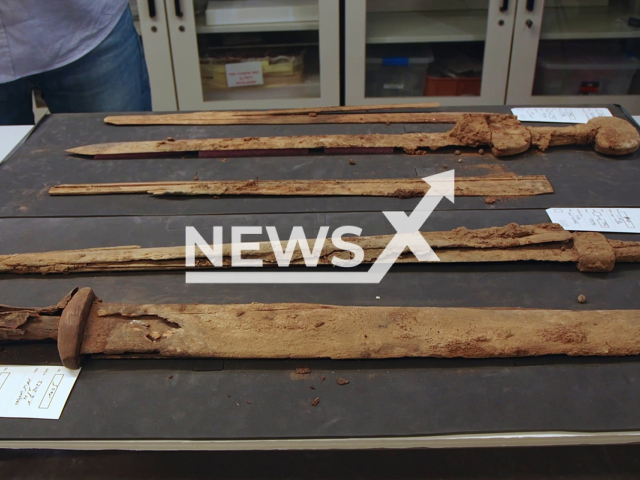 Photo shows ancient weapons found in a cave near the Dead Sea in Israel, undated. The ancient weapons were secreted behind a wall of stalactites deep inside the cave in the Judean Desert southeast of Jerusalem sometime in the 2nd or 3rd century A.D. Note: Licensed photo (Israel Antiquities Authority/Newsflash)