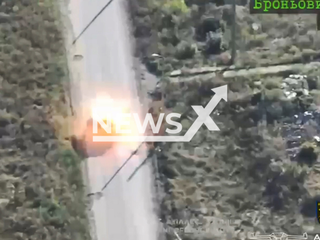 Ukrainian FPV drone hit a Russian armored vehicle near Bakhmut in Ukraine in undated footage. The footage was released by Yury Fedorenko commander of the AHILLES Air Assault Vehicle Company of the 92nd Brigade named after Ivan Sirko on Wednesday, Sep. 06, 2023. Note: Photo is screen from a video. (@fedorenkoys/Newsflash)