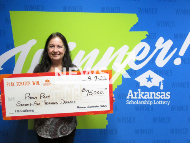 Paula Penn from the city of Texarkana, Arkansas State, USA, poses in undated photo. She won USD 75,000 (GBP 59,901) on the lottery in September, 2023. Note: Licensed content. (Arkansas Lottery/Newsflash)