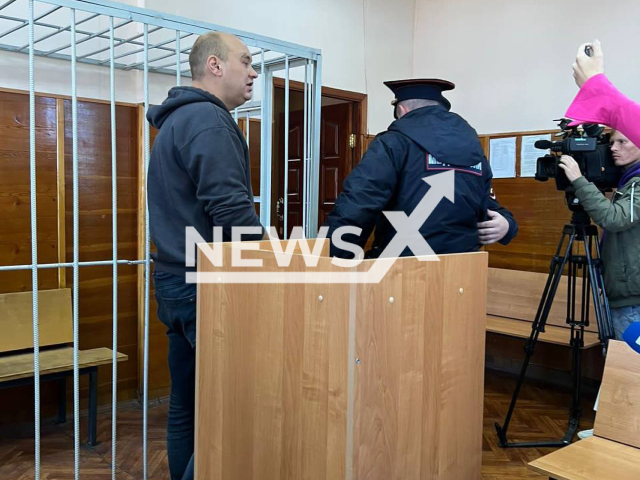 Picture shows  Dmitry Trapeznikov in the courthouse in Yekaterinburg, Russia on Wednesday, Sep. 13, 2023. He was sentenced to 8 years in colony for  kidnapping and beating Aleksandra Polynova. Note: Photo is obtained from Prosecutor's office of the Sverdlovsk region. (@sverdlovskprok/Newsflash)