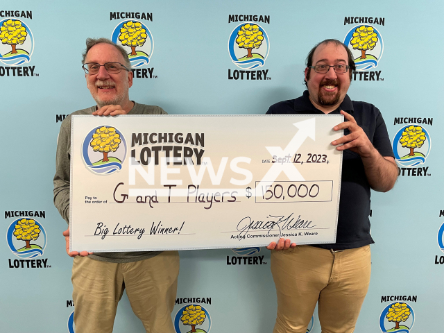 Gary (left) and Tim Mallet (right) from the city of St. Clair Shores, Michigan State, USA, pose in undated photo. They won USD 150,000 (GBP 120,112) on the lottery in September 2023. Note: Licensed content. (Michigan Lottery/Newsflash)