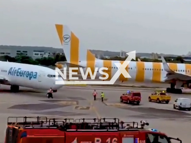 Image shows the crash scene, undated photo. Two holiday planes collided on the tarmac at Palma airport in Mallorca, Spain, on Tuesday, Sep. 19, 2023. Note: Photo is a screenshot from a video. (Newsflash)