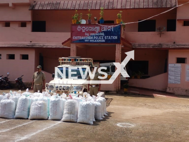 Picture shows the seized sacks in undated photo. Smugglers threw sacks of drugs during a police chase in Odisha's Chitrakonda district in India. Note: Police photo. (Andhra Pradesh Police/Newsflash)