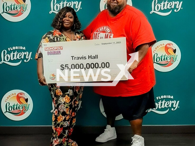 Travis Hall, 44, from the city of Port St. Lucie, Florida State, USA, poses in undated photo. He won USD 5 million (GBP 4 million) on the lottery on Monday, Sep. 11, 2023. Note: Licensed content. (Florida Lottery/Newsflash)