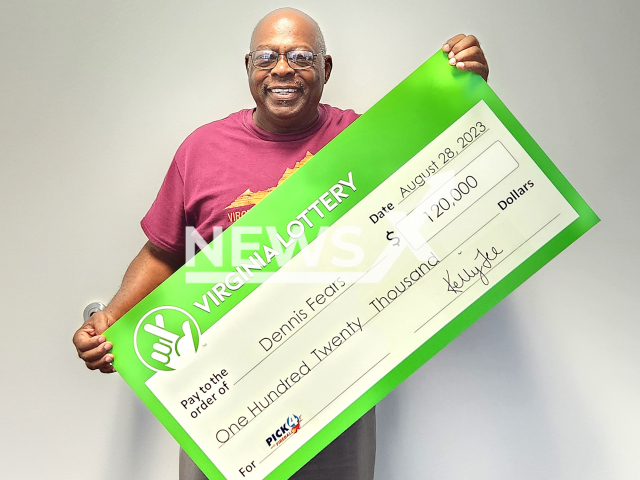 Dennis Fears from the city of Chesapeake, Virginia State, USA, poses in undated photo. He won USD 120,000 (GBP 98,542) on the lottery in August, 2023. Note: Licensed content. (Virginia Lottery/Newsflash)