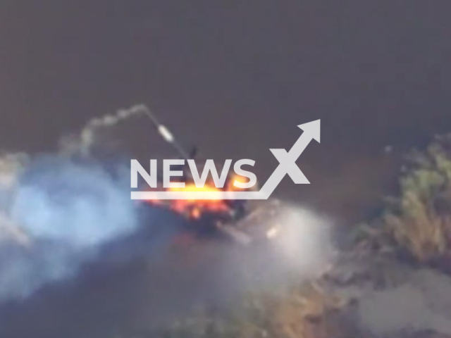 Ukrainian artillery hits Russian tank in Ukraine in undated footage. The footage was released by the 44th Artillery Brigade of the Ukrainian Ground Forces on Tuesday, Sep. 26, 2023. Note: Picture is screenshot from a video. (@44art.br/Newsflash)