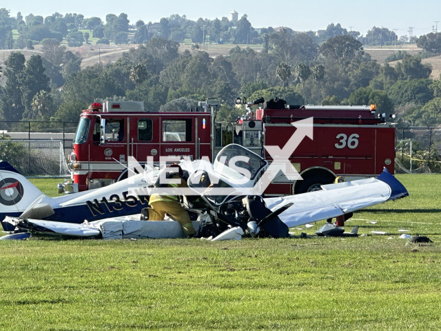 Photo shows the small plane that crashed onto a San Pedro, California soccer field, on Monday, September 25, 2023. Flight instructor and student are critically injured.
Note: Licensed photo(LAFD, Adam VanGerpen/Newsflash).