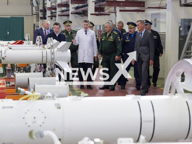 Russian Minister of Defence Shoigu inspects tactical missiles plant producing military weapons according to the state defence order in Moscow region in undated footage. The footage was released by the Russian MoD on Wednesday Sep. 27, 2023. Note: Picture obtained from from Russian Ministry of Defence. (Russian Ministry of Defence/Newsflash)