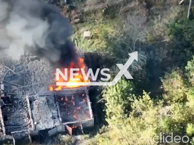 Russian ammunition depot burns in Bakhmut direction, Donetsk oblast, Ukraine in undated footage. The footage was released by colonel general Oleksandr Syrskyi, the commander of the Ukrainian Ground Forces on Thursday, Sep. 28, 2023.Note: Picture is screenshot from a video. (@77oaembr/Newsflash)